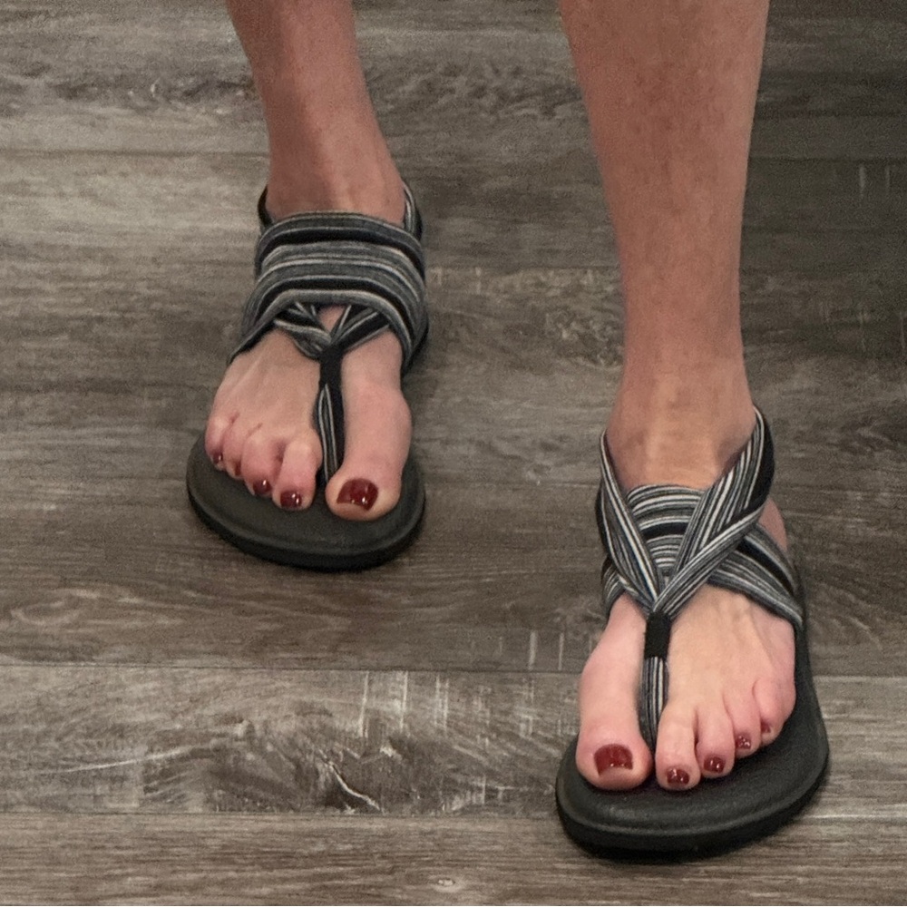 Sanuk Black and White Striped Sandals